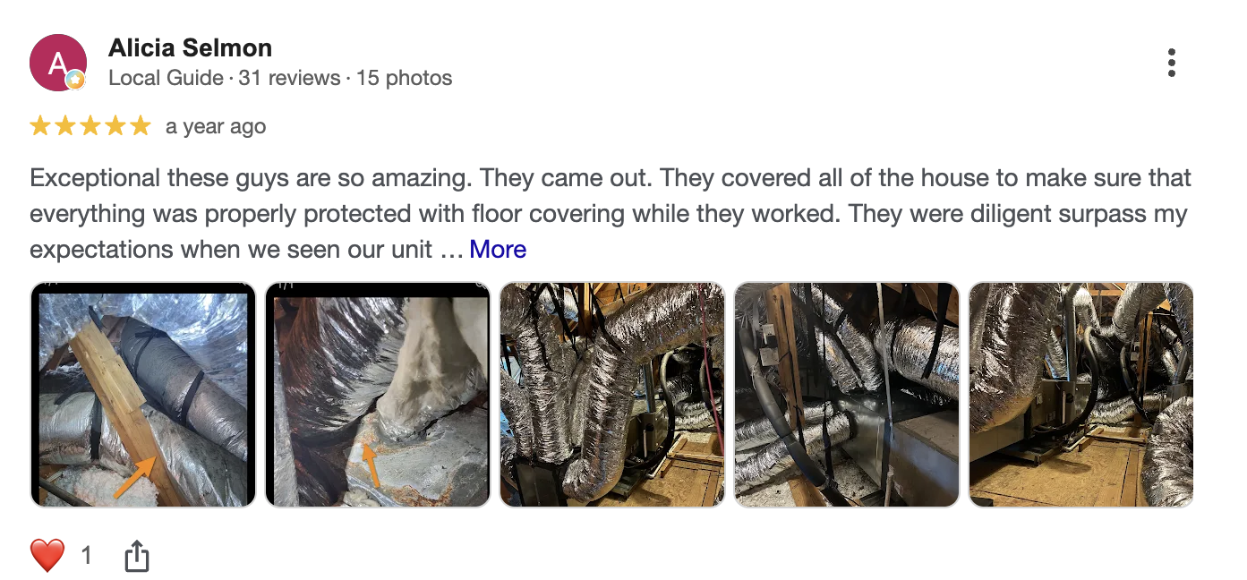 Five-star Google review from Alicia Selmon praising State Cool AC and Heating for protecting the home and exceeding expectations, with project photos.