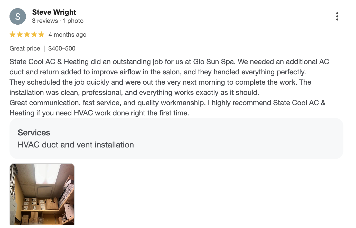 Five-star Google review from Steve Wright praising State Cool AC and Heating for fast service, communication, and professional duct installation.