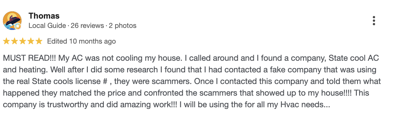 Five-star Google review from Thomas describing State Cool AC and Heating as trustworthy and praising their response and HVAC work.